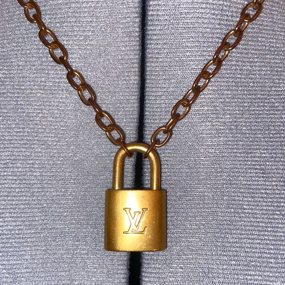 Authentic Louis Vuitton Gold Tone Brass Lock Necklace #302